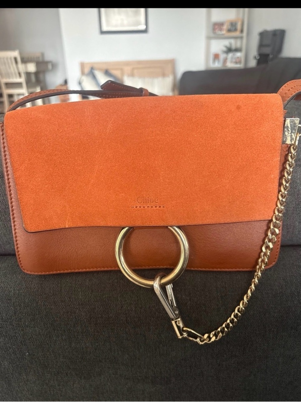 Chloé Faye Small Suede & Leather Shoulder Bag - Orange/Brown - authentic